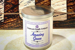 Amazing Grace, cotton wick white glass tumbler candle, by Tennessee Candle Company.